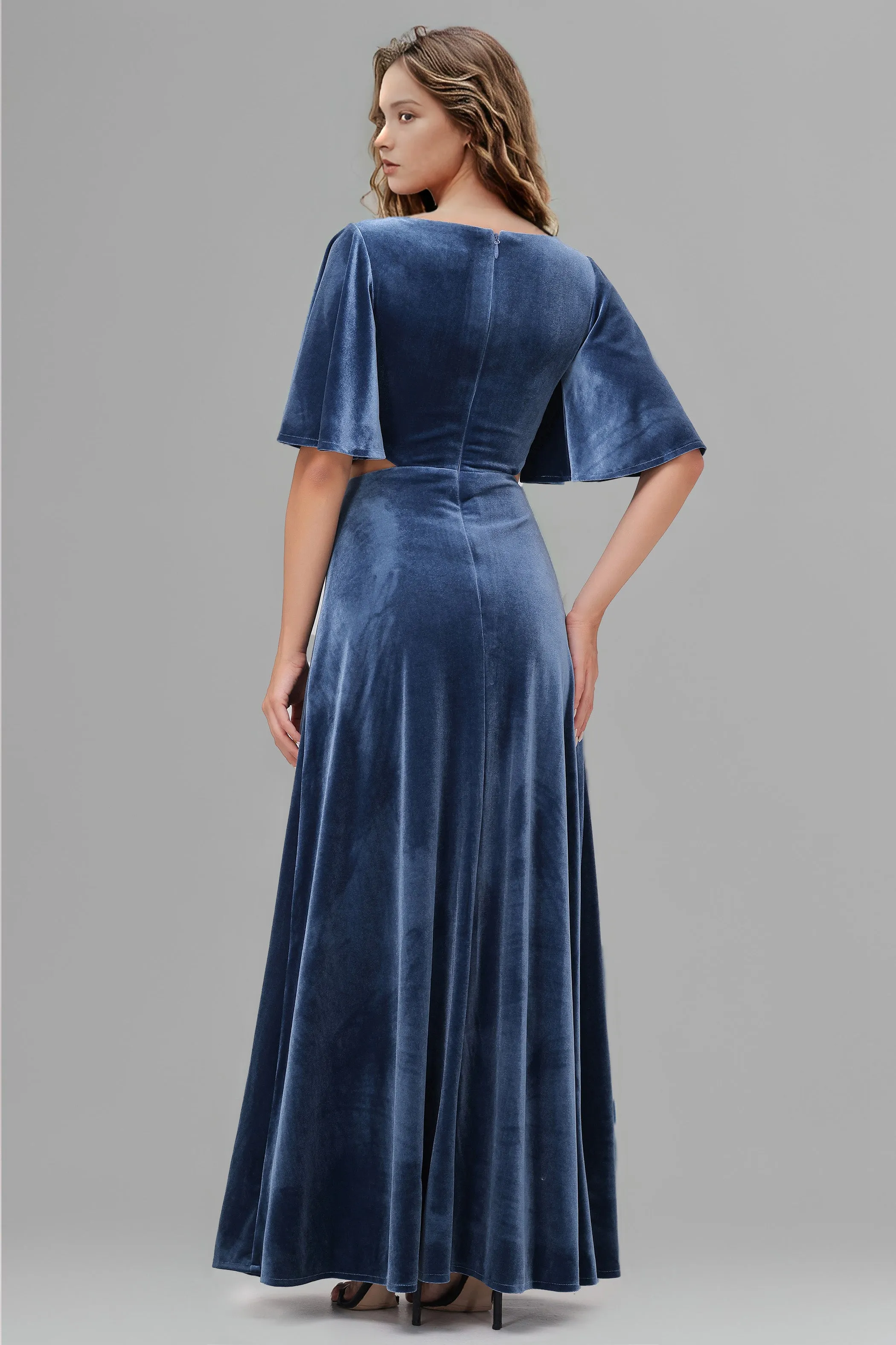 V-neck Half Sleeves A-line Cut Out Waist Velvet Bridesmaid Dresses