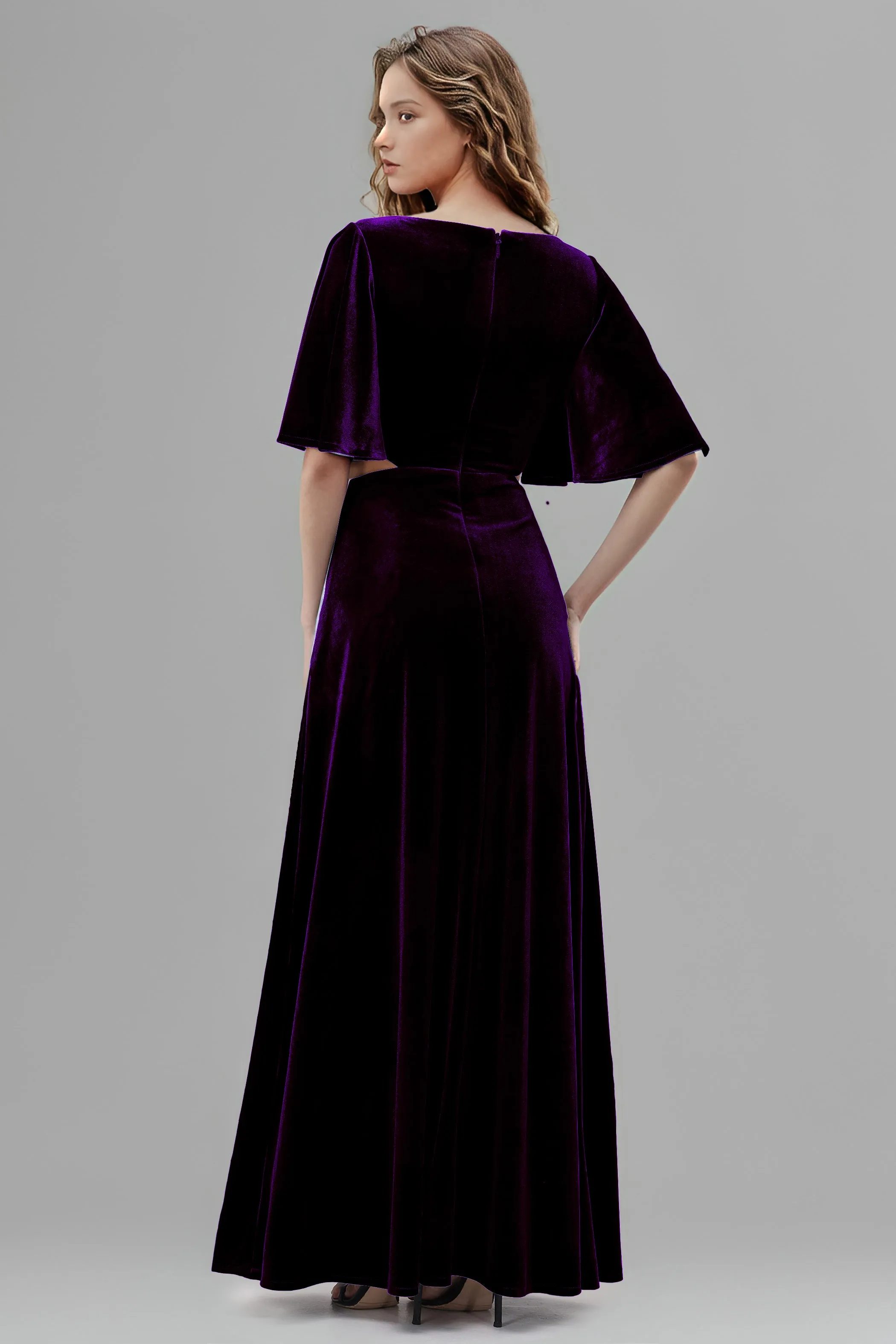 V-neck Half Sleeves A-line Cut Out Waist Velvet Bridesmaid Dresses