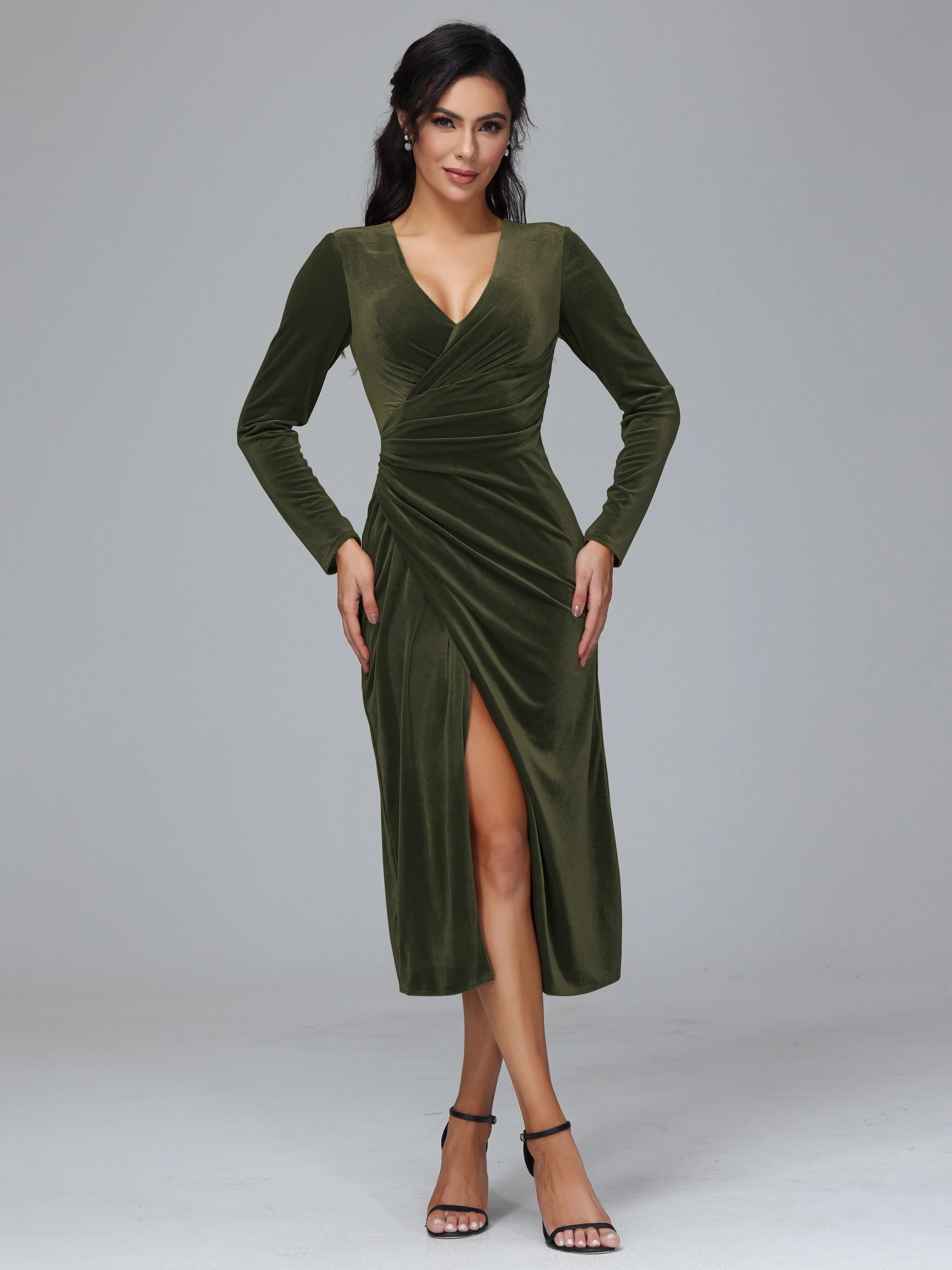 V-Neck Long Sleeves Pleats Tea Length Velvet Dresses With Split