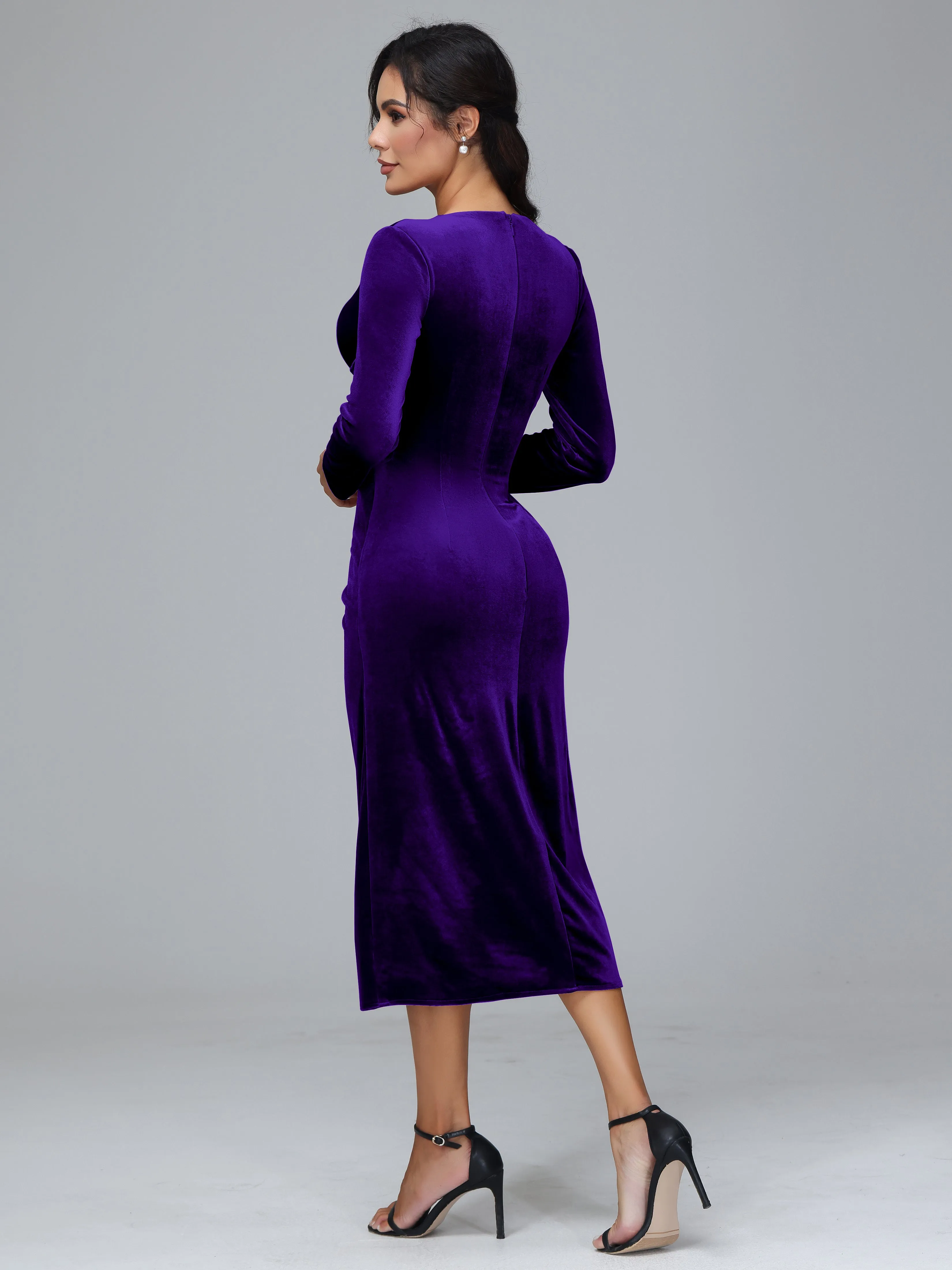 V-Neck Long Sleeves Pleats Tea Length Velvet Dresses With Split