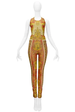 VERSACE 1992 RED & GOLD METALLIC SPANDEX BAROQUE ENSEMBLE