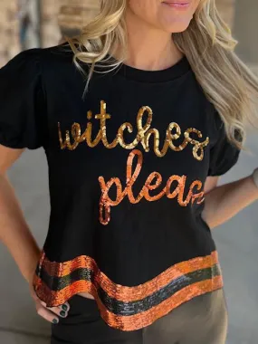 Witches Please Curved Hem Top with Sequins