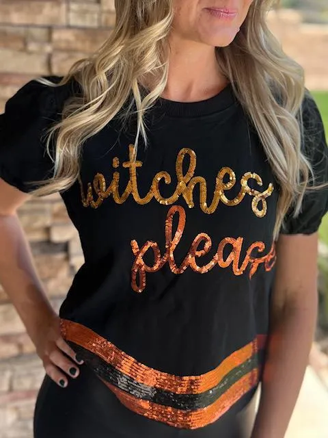 Witches Please Curved Hem Top with Sequins