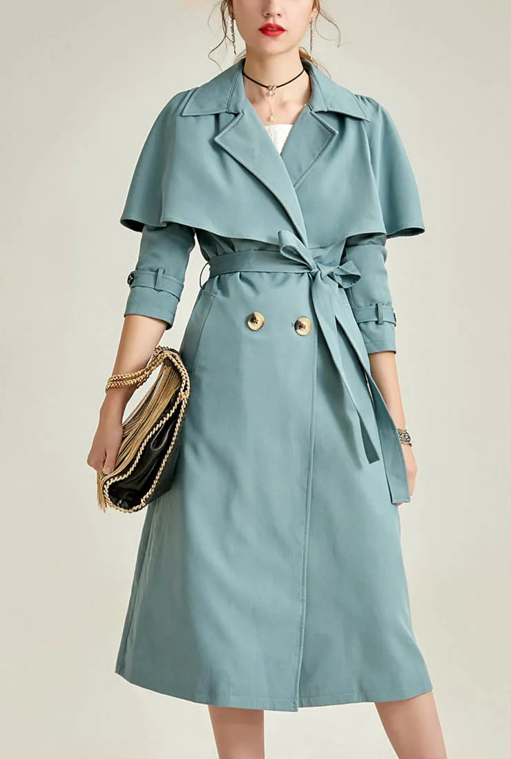 Women Belted Waist Cape Trench Coat