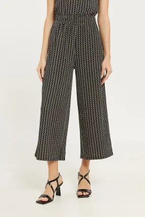 Women Black And Beige Printed Wide Leg Pant