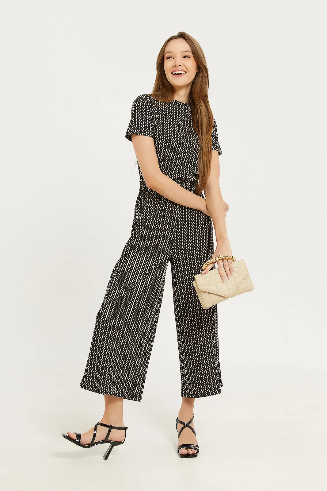 Women Black And Beige Printed Wide Leg Pant