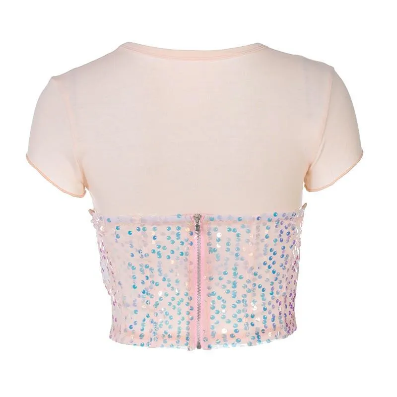 Women Sequin Letter Embroidery Corset Top Crops T Shirt