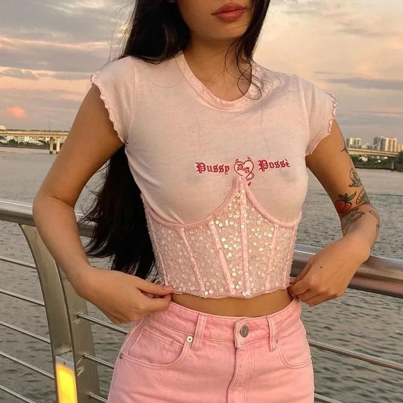 Women Sequin Letter Embroidery Corset Top Crops T Shirt