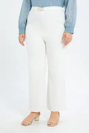 Women White Wide Leg Pants With Metal Buckle Detail