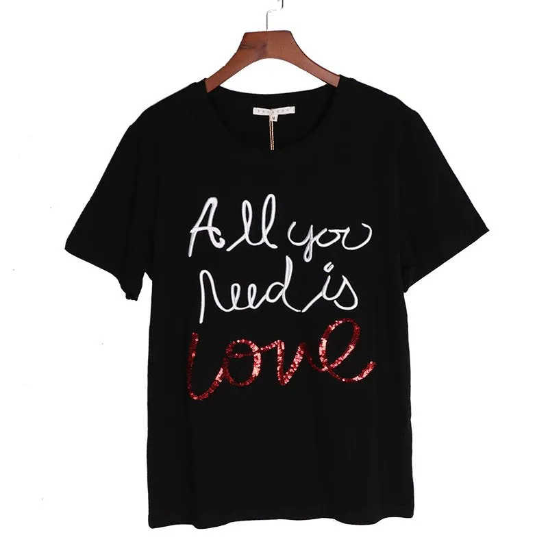 Women's Summer Sequined Cotton T-Shirt With Letter Embroidery