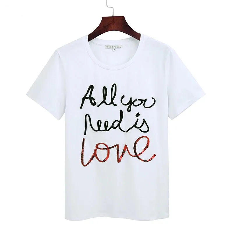 Women's Summer Sequined Cotton T-Shirt With Letter Embroidery