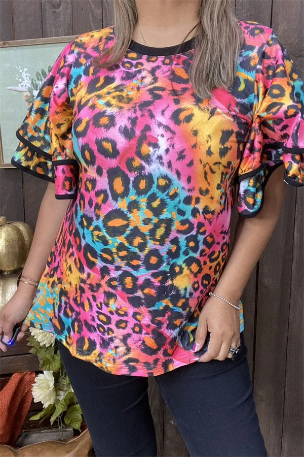 XCH15659 Colorful leopard printed double ruffle short sleeve women tops