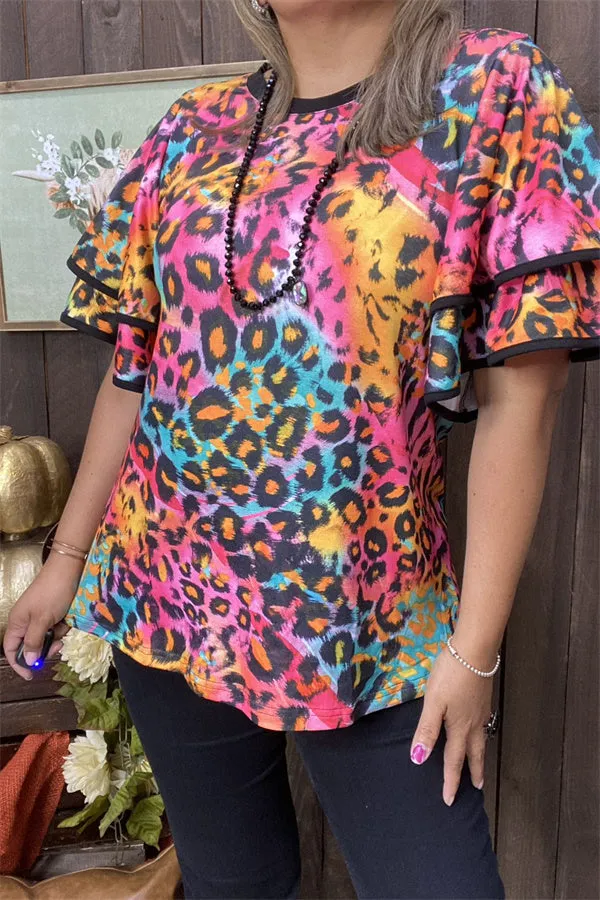 XCH15659 Colorful leopard printed double ruffle short sleeve women tops