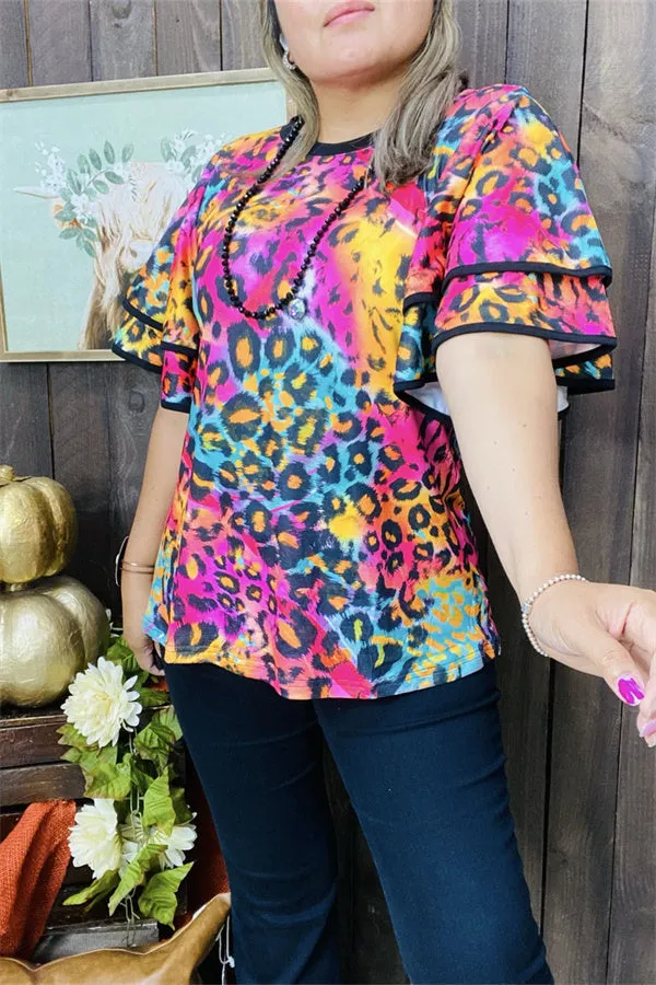 XCH15659 Colorful leopard printed double ruffle short sleeve women tops