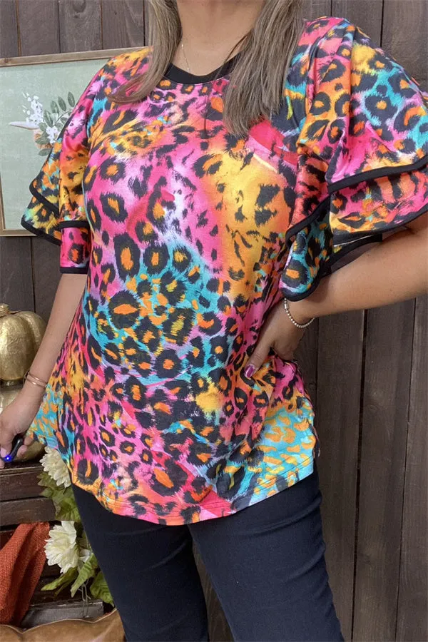 XCH15659 Colorful leopard printed double ruffle short sleeve women tops