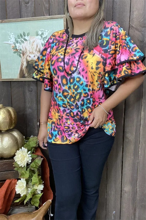 XCH15659 Colorful leopard printed double ruffle short sleeve women tops