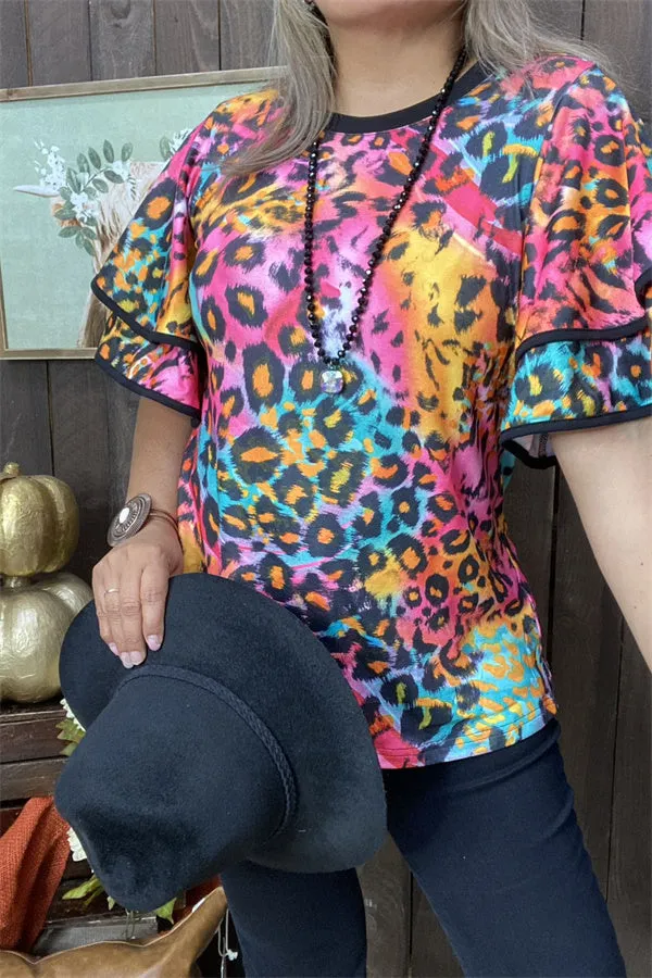 XCH15659 Colorful leopard printed double ruffle short sleeve women tops