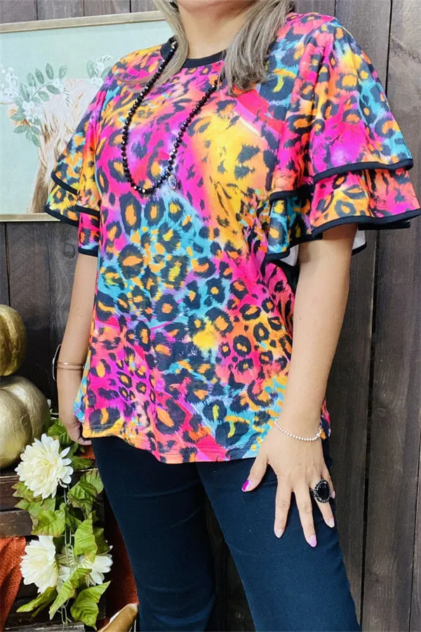 XCH15659 Colorful leopard printed double ruffle short sleeve women tops