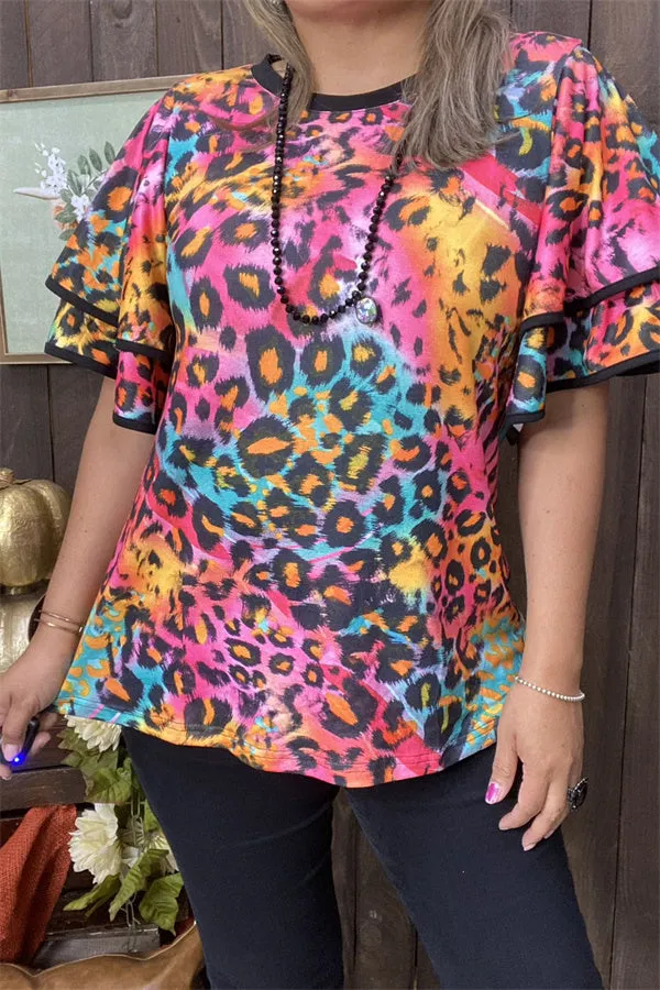 XCH15659 Colorful leopard printed double ruffle short sleeve women tops