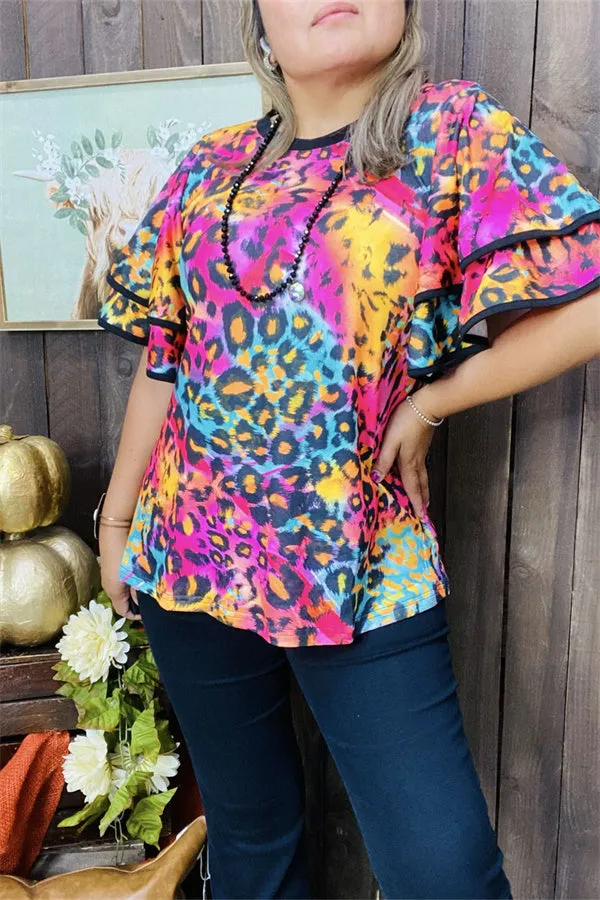 XCH15659 Colorful leopard printed double ruffle short sleeve women tops