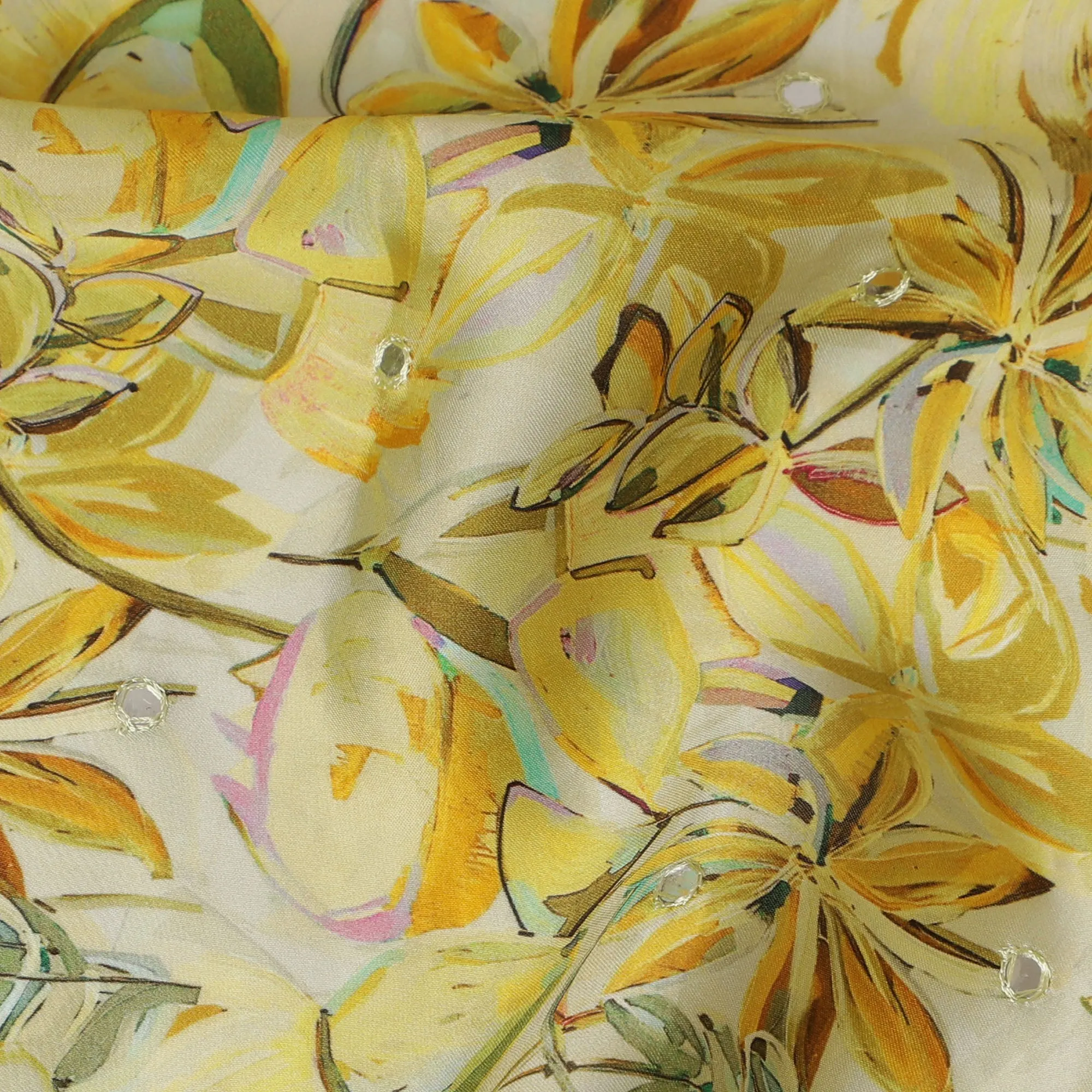 Yellow Floral Viscose Modal Satin Fabric with Mirror Work - 110 cm Width-D20265