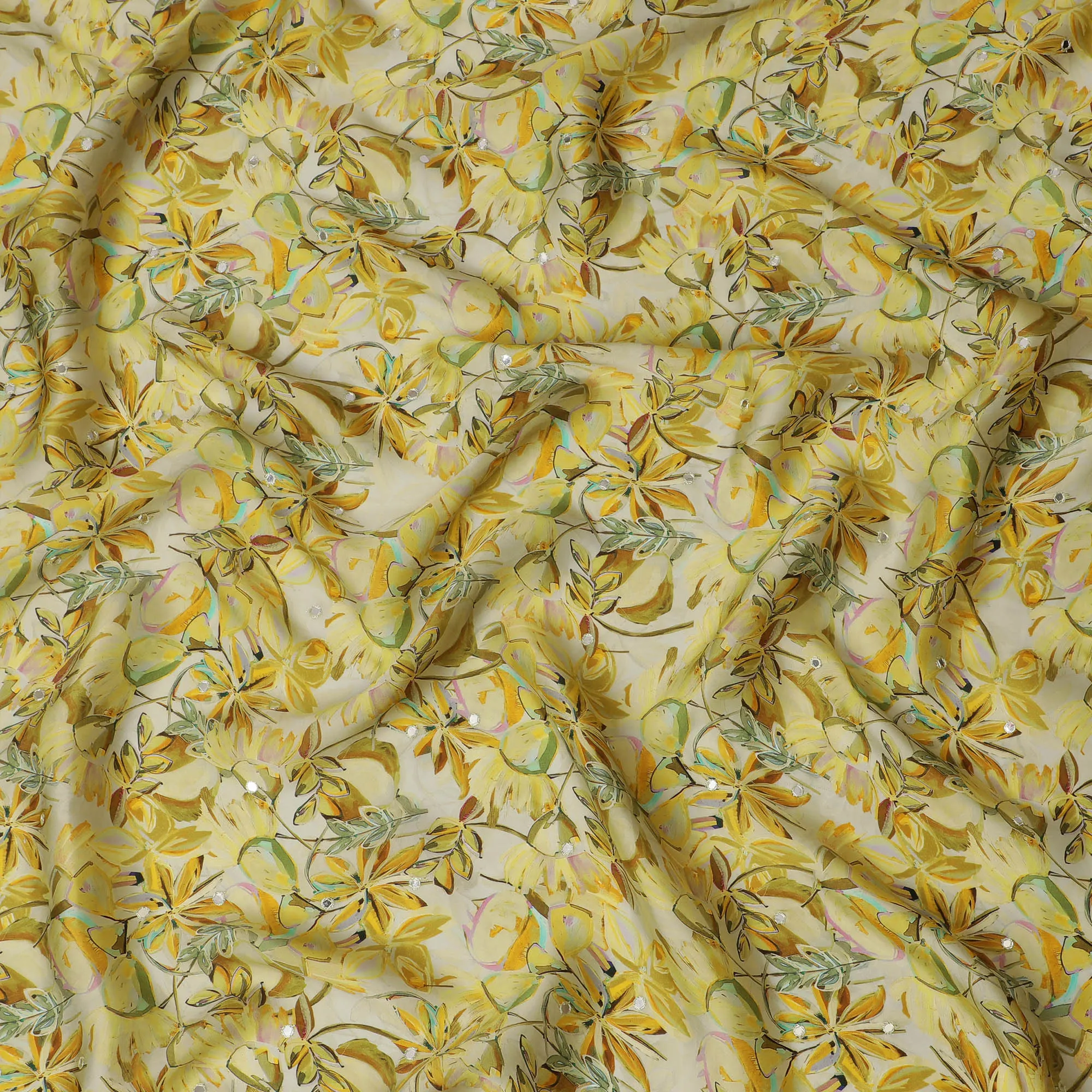 Yellow Floral Viscose Modal Satin Fabric with Mirror Work - 110 cm Width-D20265